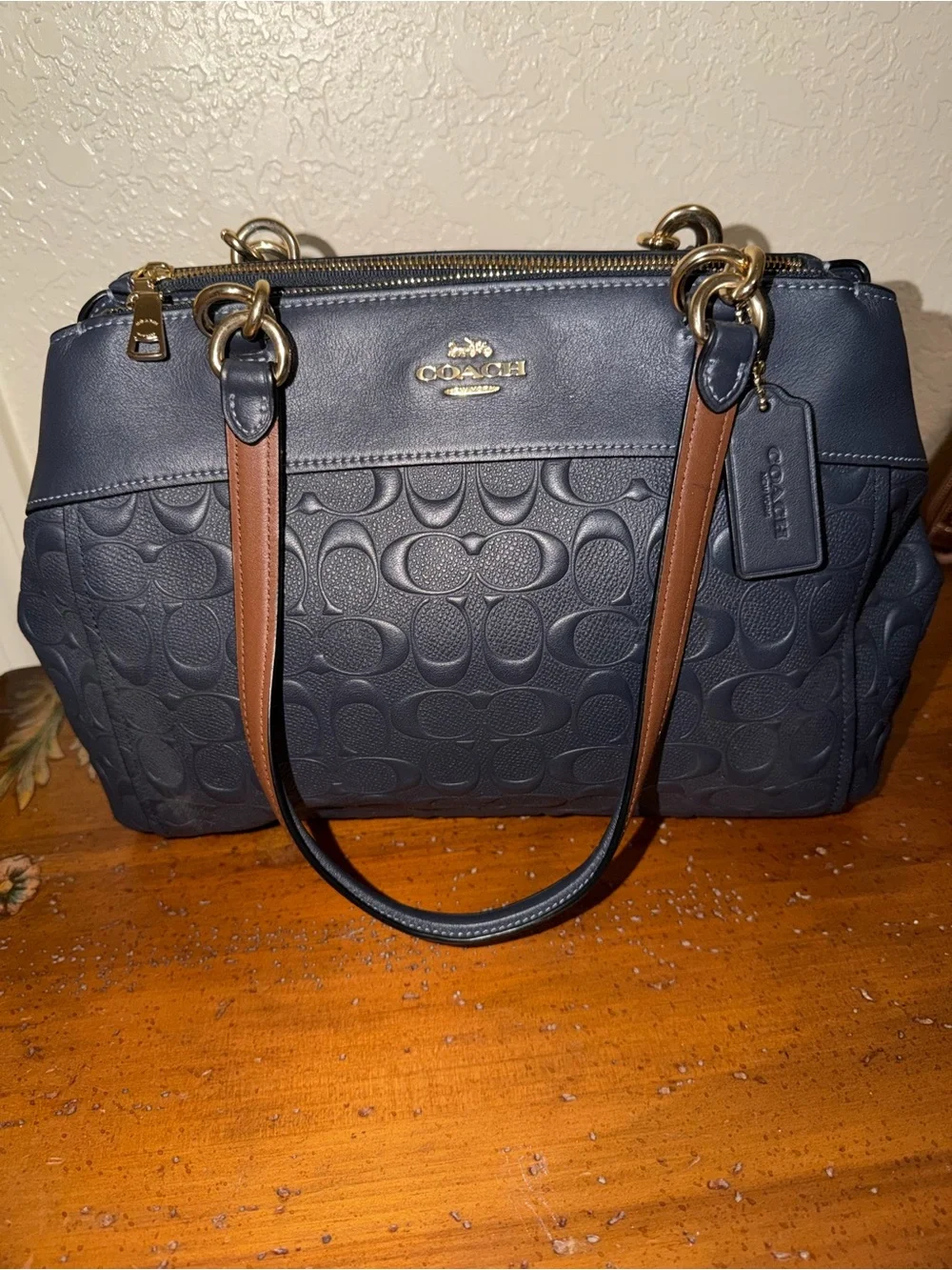 Coach Navy Embossed Signature Satchel with Straps